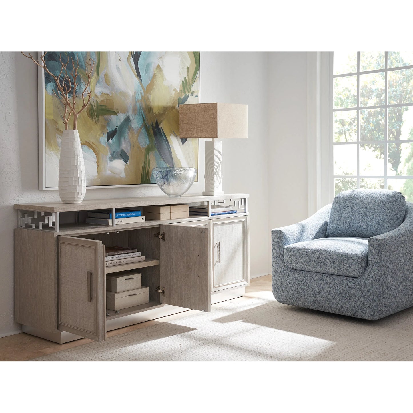 004 SI-2242494 | Lifestyle | Oakbrook Media Console by Sligh in gray. Made from unique in a transitional style.