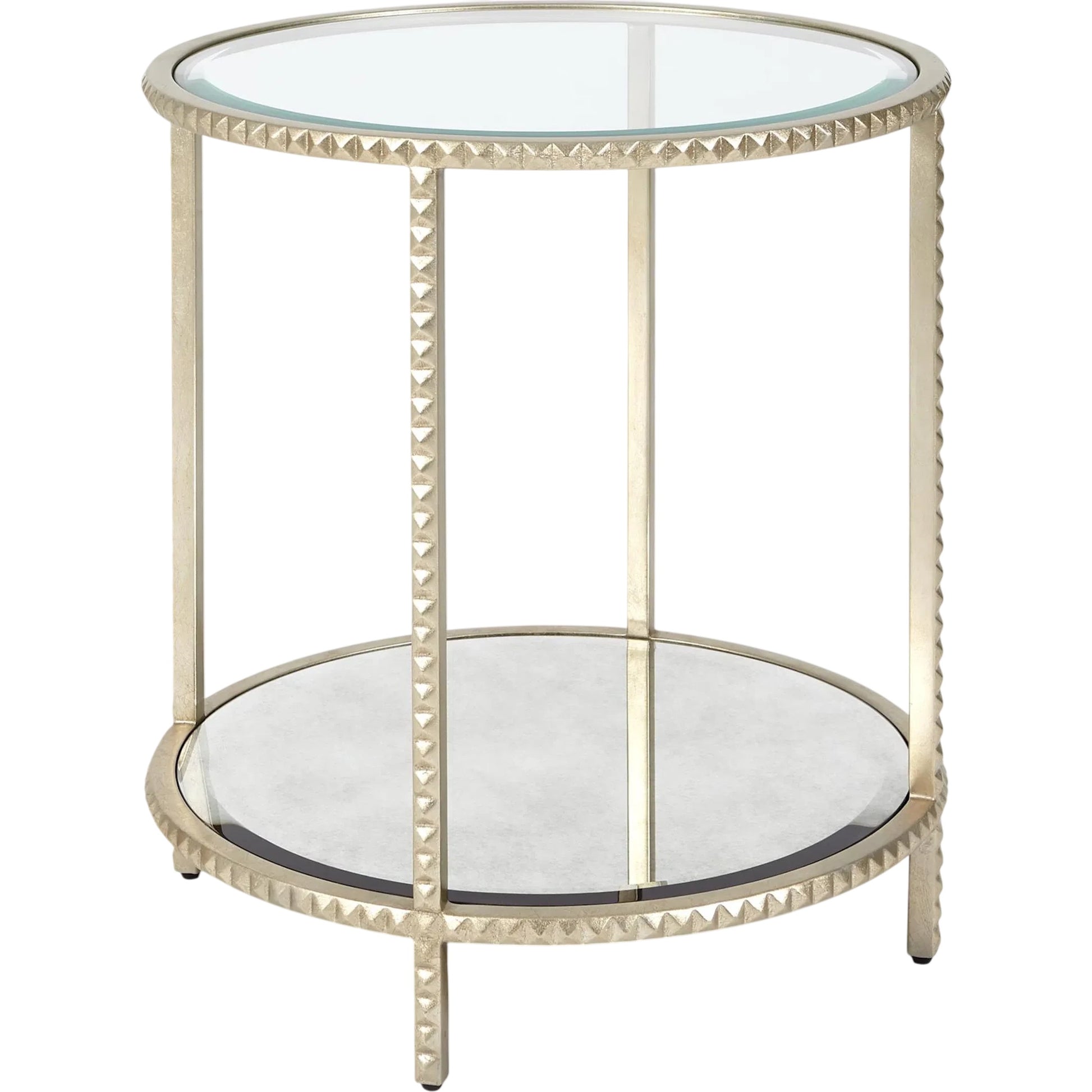Stud End Table by Global Views in silver leaf. Made from aluminum, antique beveled mirror, glass in a transitional style.