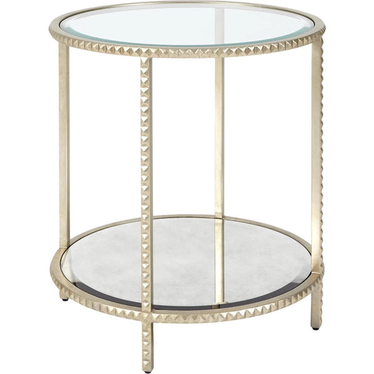 Stud End Table by Global Views. Made from aluminum, antique beveled mirror, glass in a unique style.