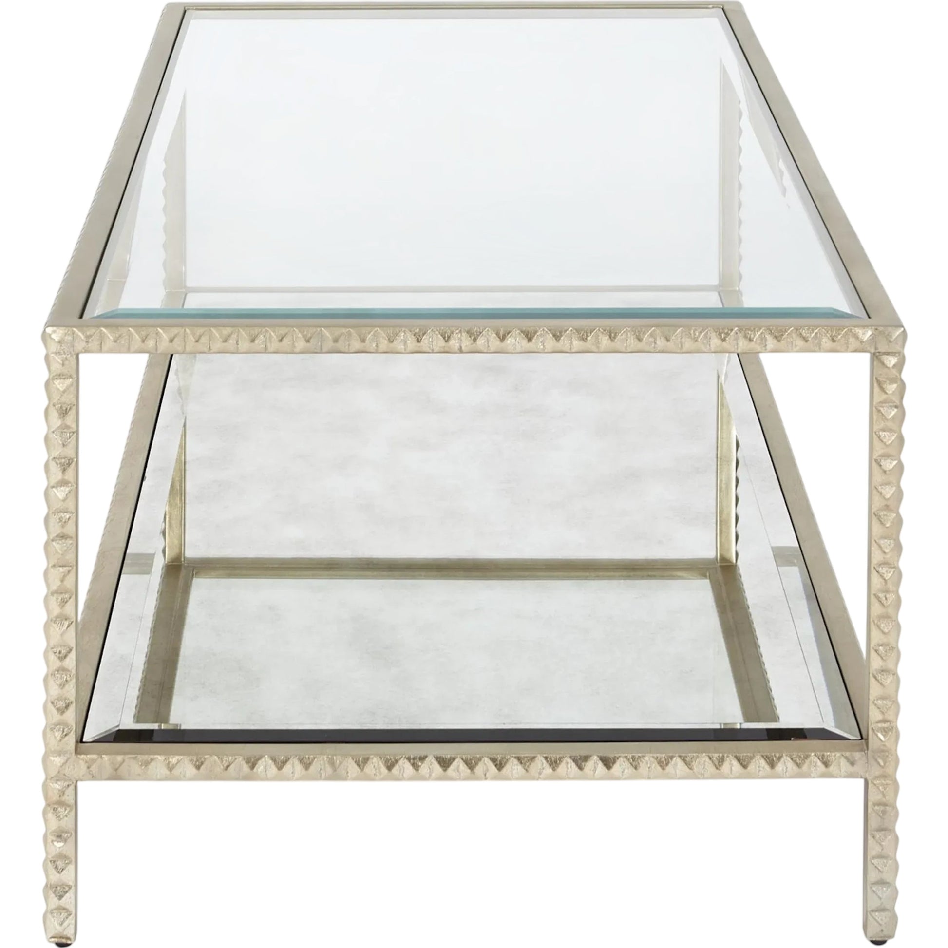 Stud Coffee Table by Global Views in silver leaf. Made from aluminum, glass in a transitional style.