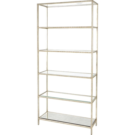 Stud Etagere by Global Views. Made from aluminum, antique beveled mirror, glass in a unique style.