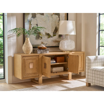 Morella Media Console by Sligh in tan. Made from white oak, metal in a unique style.