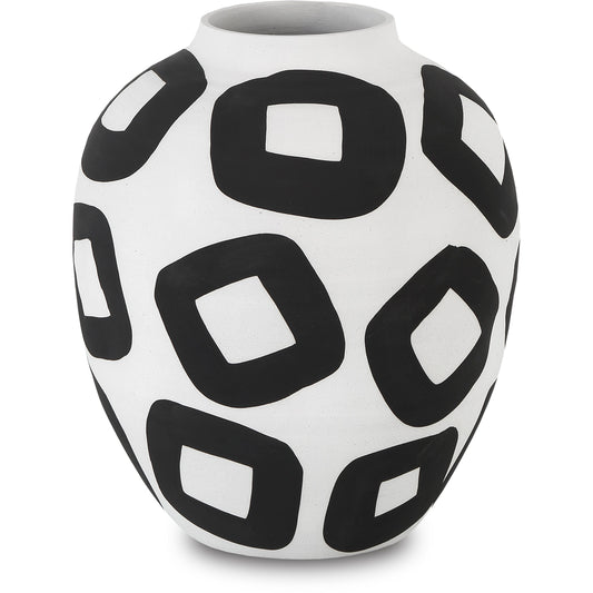 Pagliacci Vase by Currey and Company in white, black. Made from porcelain in a modern style.