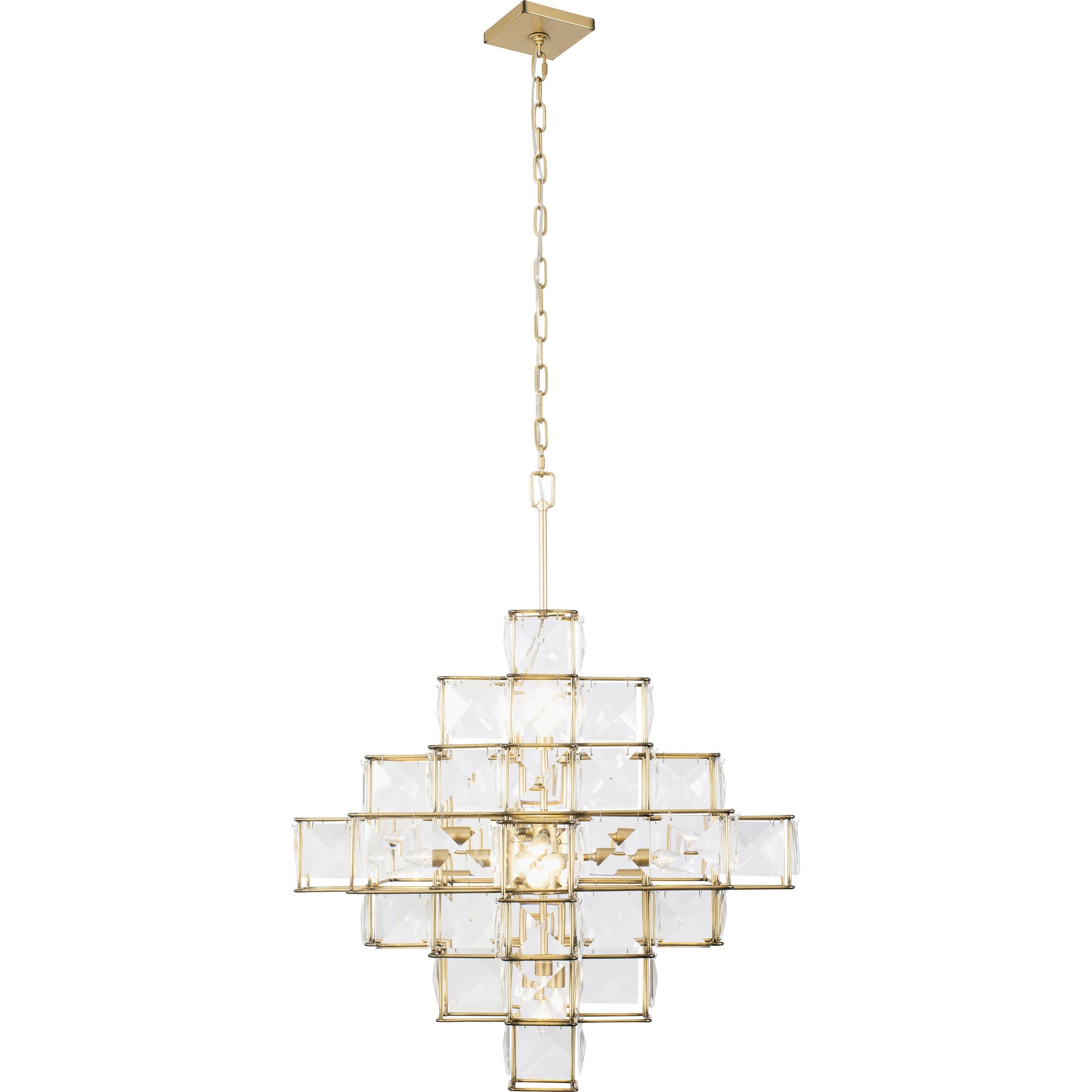 Cubic Chandelier by Varaluz in calypso gold. Made from calypso gold, faceted crystal panels in a transitional style.