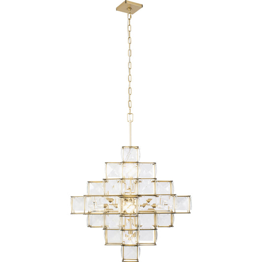 Cubic Chandelier by Varaluz in calypso gold. Made from calypso gold, faceted crystal panels in a transitional style.