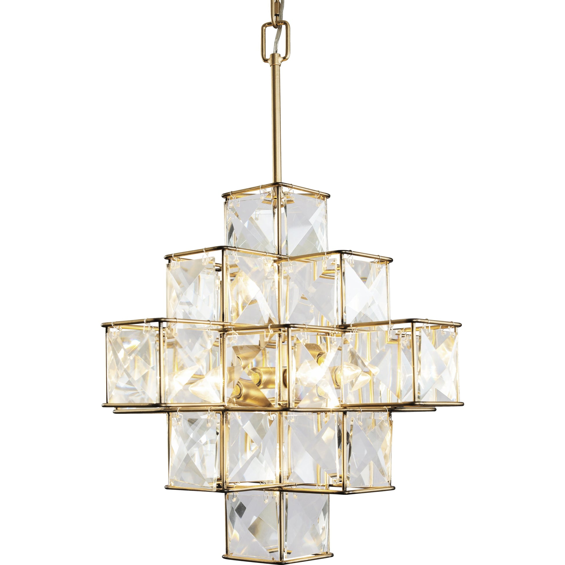 Cubic Chandelier by Varaluz in calypso gold. Made from calypso gold, faceted crystal panels in a transitional style.