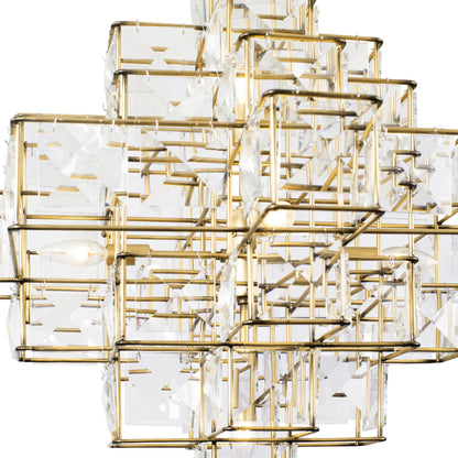 Cubic Chandelier by Varaluz in calypso gold. Made from calypso gold, faceted crystal panels in a transitional style.