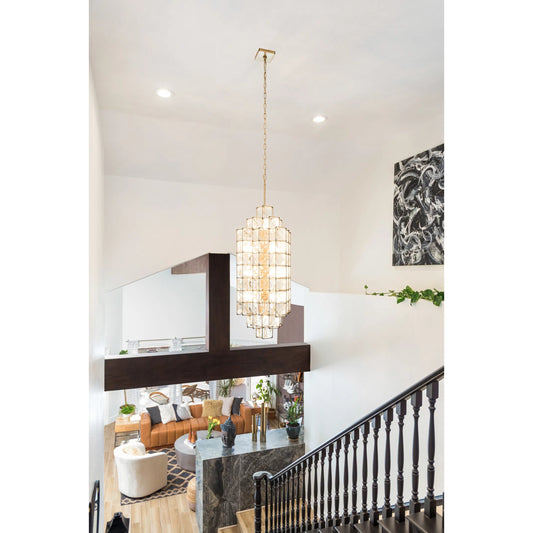 Cubic Foyer by Varaluz in calypso gold. Made from calypso gold, faceted crystal panels in a transitional style.