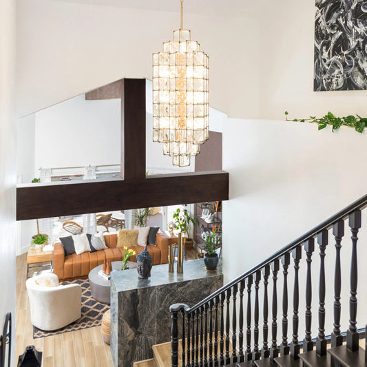 Cubic Foyer by Varaluz in calypso gold. Made from calypso gold, faceted crystal panels in a transitional style.