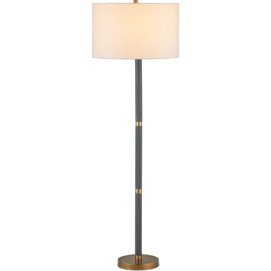Gavin Floor Lamp by Currey and Company in brass antique, matte black. Made from aluminum in a modern style.
