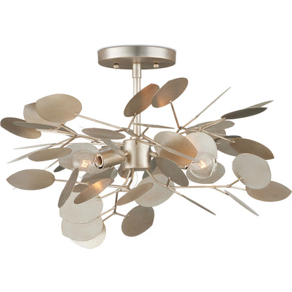 Lunaria Semi-Flush Mount by Currey and Company in contemporary silver leaf. Made from wrought iron in a modern style.