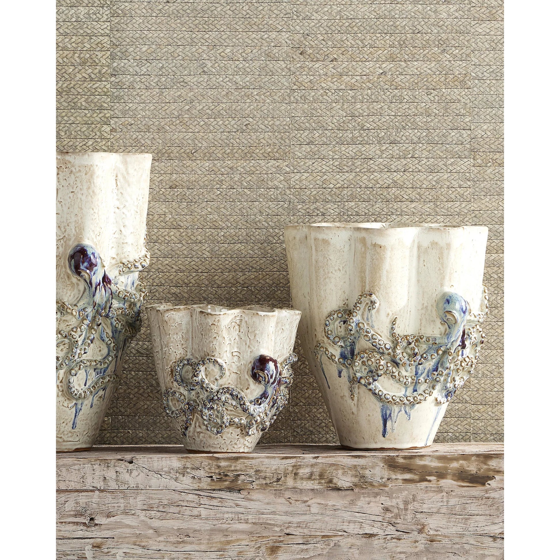 Octopus Vase by Currey and Company in cream, reactive blue. Made from ceramic in a coastal style.