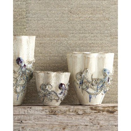 Octopus Vase by Currey and Company in cream, reactive blue. Made from ceramic in a coastal style.