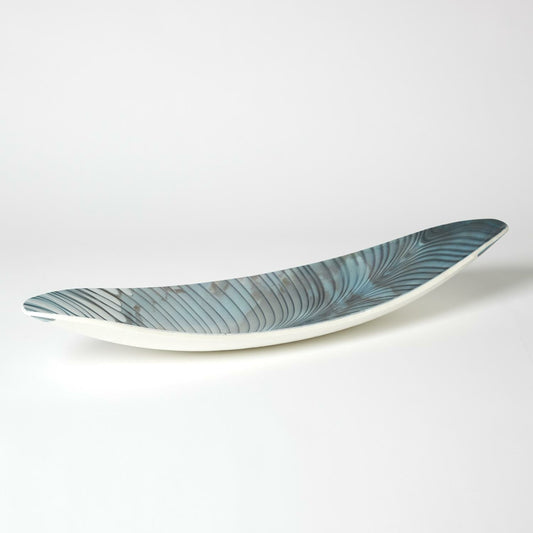 Ivory Turquoise Feather Swirl Oval Folded Bowl by Global Views. Made from art glass in a coastal style.