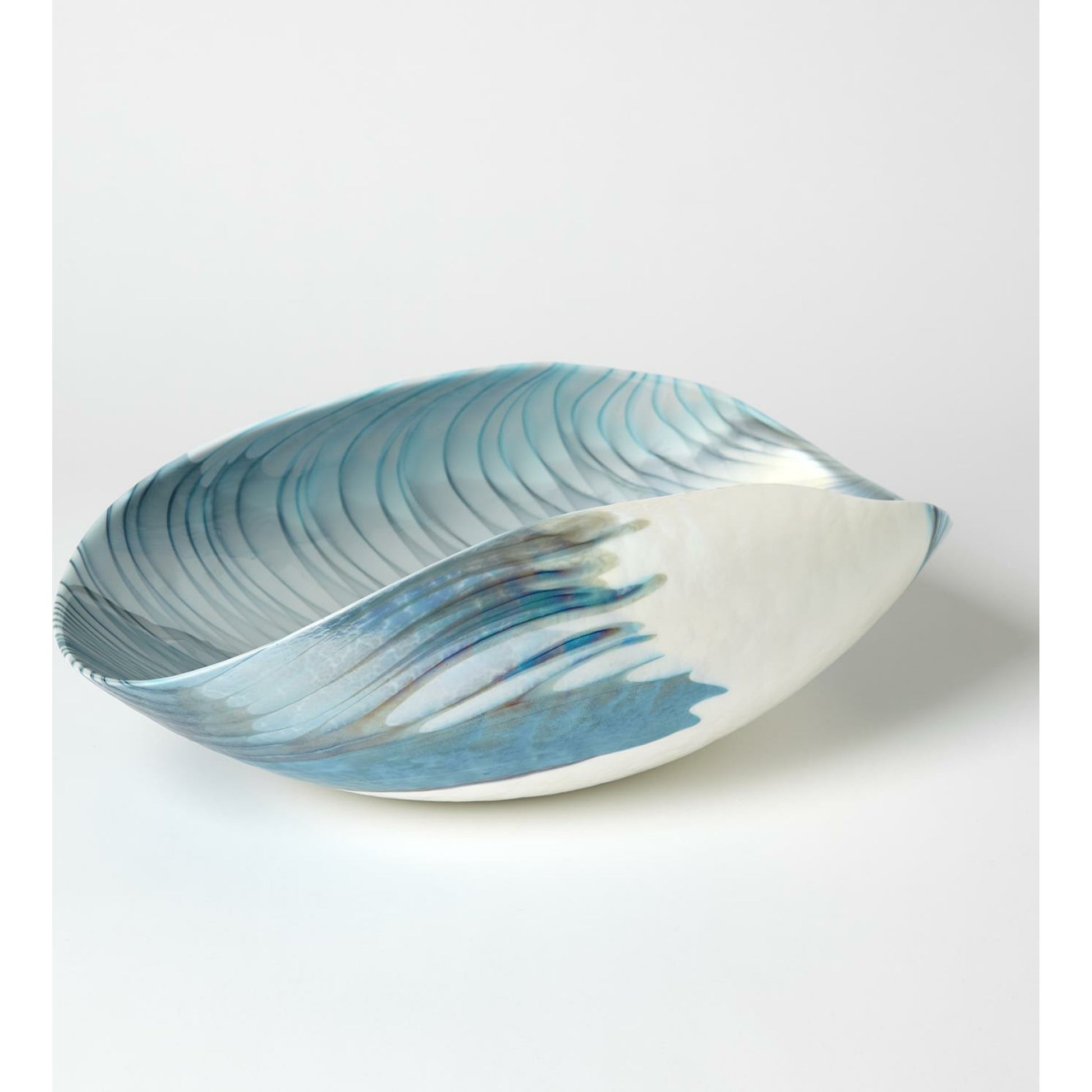 Ivory Turquoise Feather Swirl Oval Bowl by Global Views. Made from art glass in a coastal style.