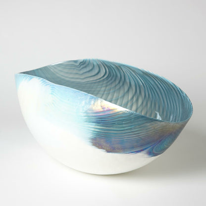 Ivory Turquoise Feather Swirl Oval Folded Bowl by Global Views. Made from art glass in a coastal style.