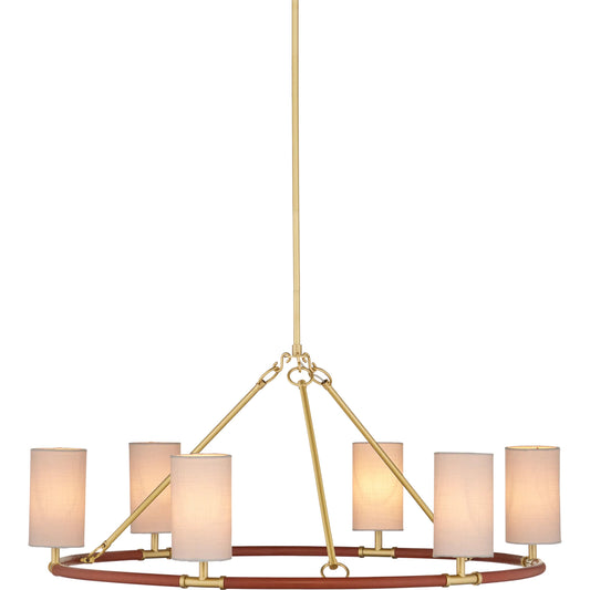 Ellerston Chandelier by Currey and Company in saddle brown, brushed brass. Made from leather, stainless steel, brass in a transitional style.