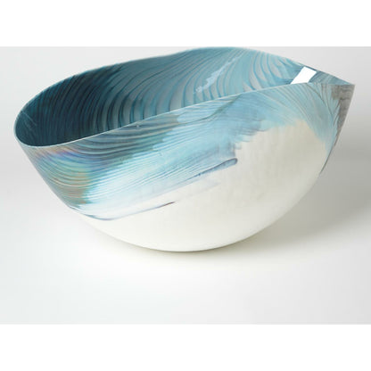 Ivory Turquoise Feather Swirl Oval Folded Bowl by Global Views. Made from art glass in a coastal style.