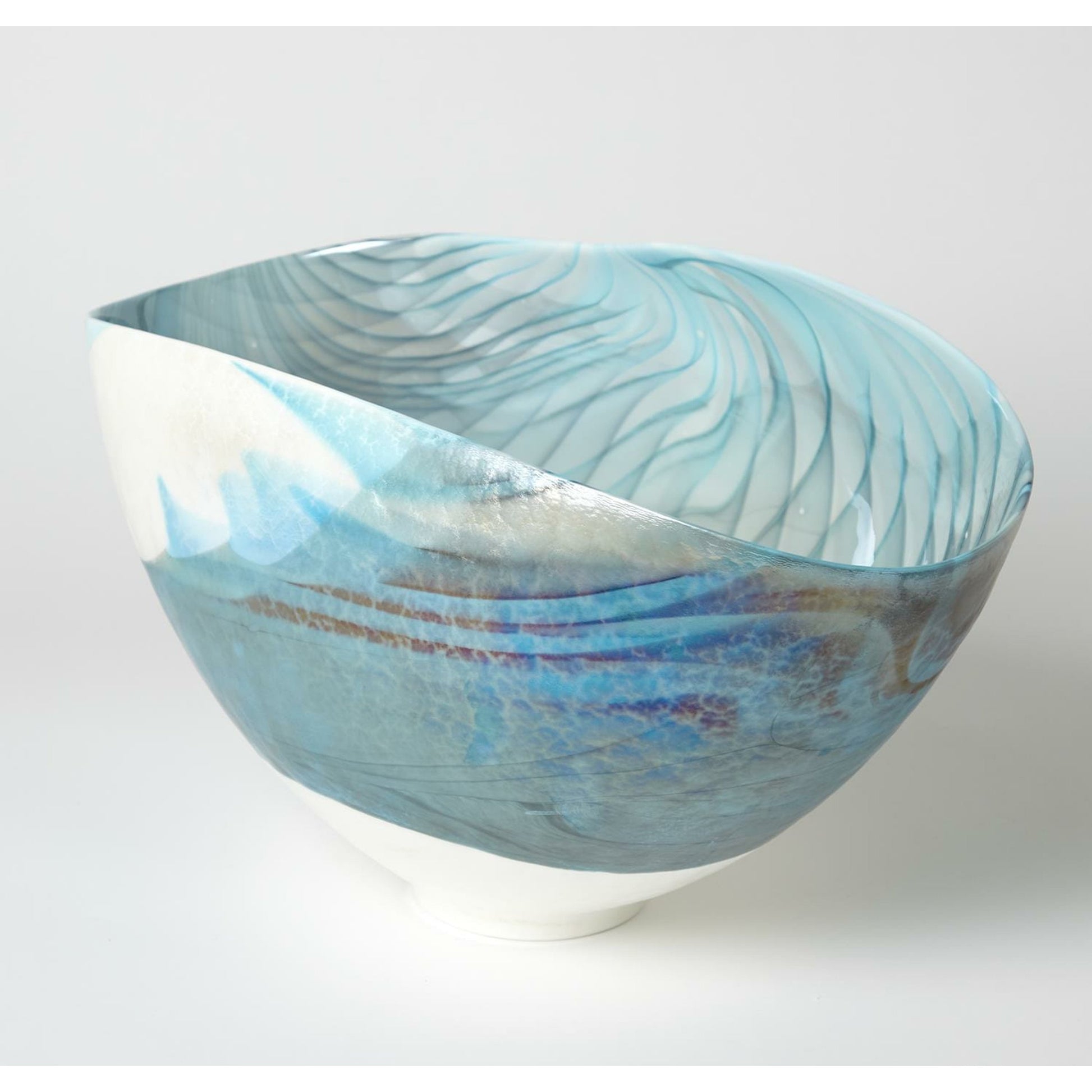 Ivory Turquoise Feather Swirl Oval Folded Bowl by Global Views. Made from art glass in a coastal style.