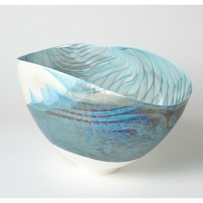 Ivory Turquoise Feather Swirl Oval Folded Bowl by Global Views. Made from art glass in a coastal style.