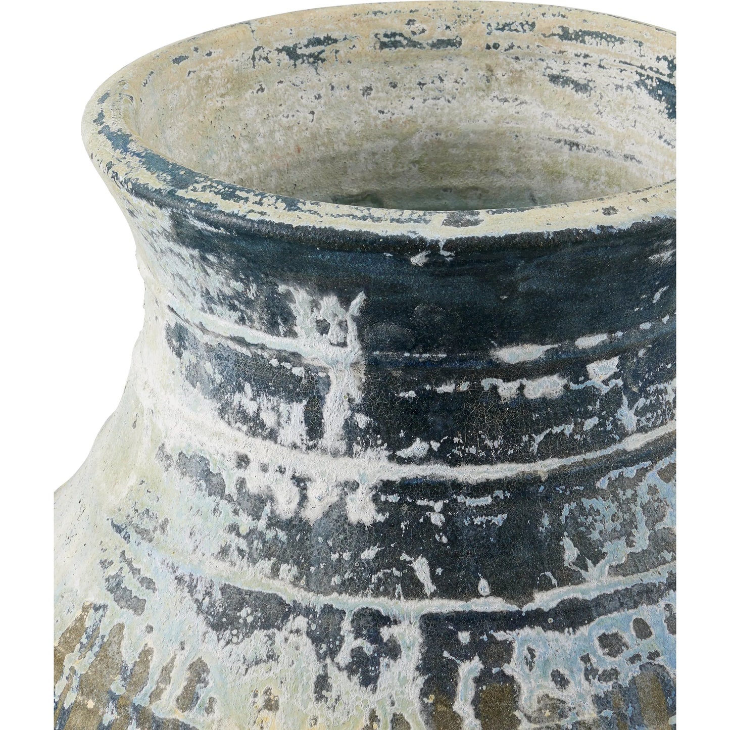 010 SI-2257255 | Closeup | Ragusa Urn by Currey and Company in antique white, blue drip. Made from terracotta in a rustic style.
