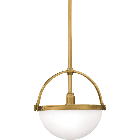 Stratford Pendant by Hudson Valley in aged brass. Made from steel in a transitional style.