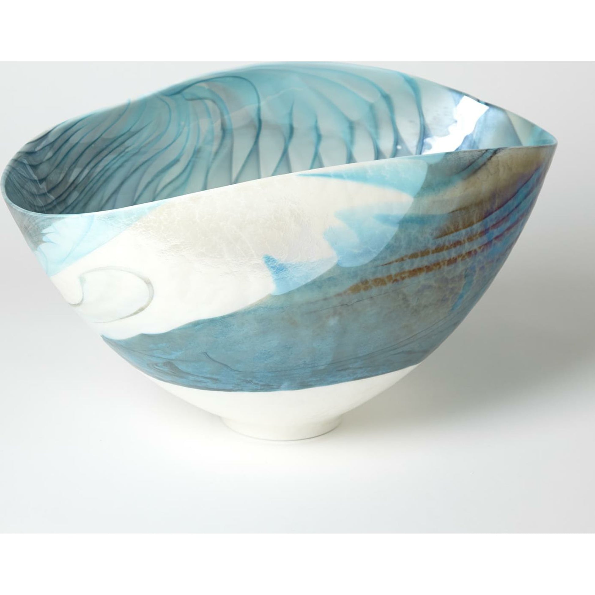 Ivory Turquoise Feather Swirl Oval Folded Bowl by Global Views. Made from art glass in a coastal style.