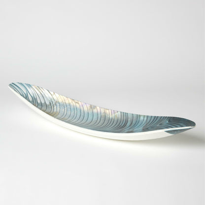 Ivory Turquoise Feather Swirl Oval Bowl by Global Views. Made from art glass in a coastal style.