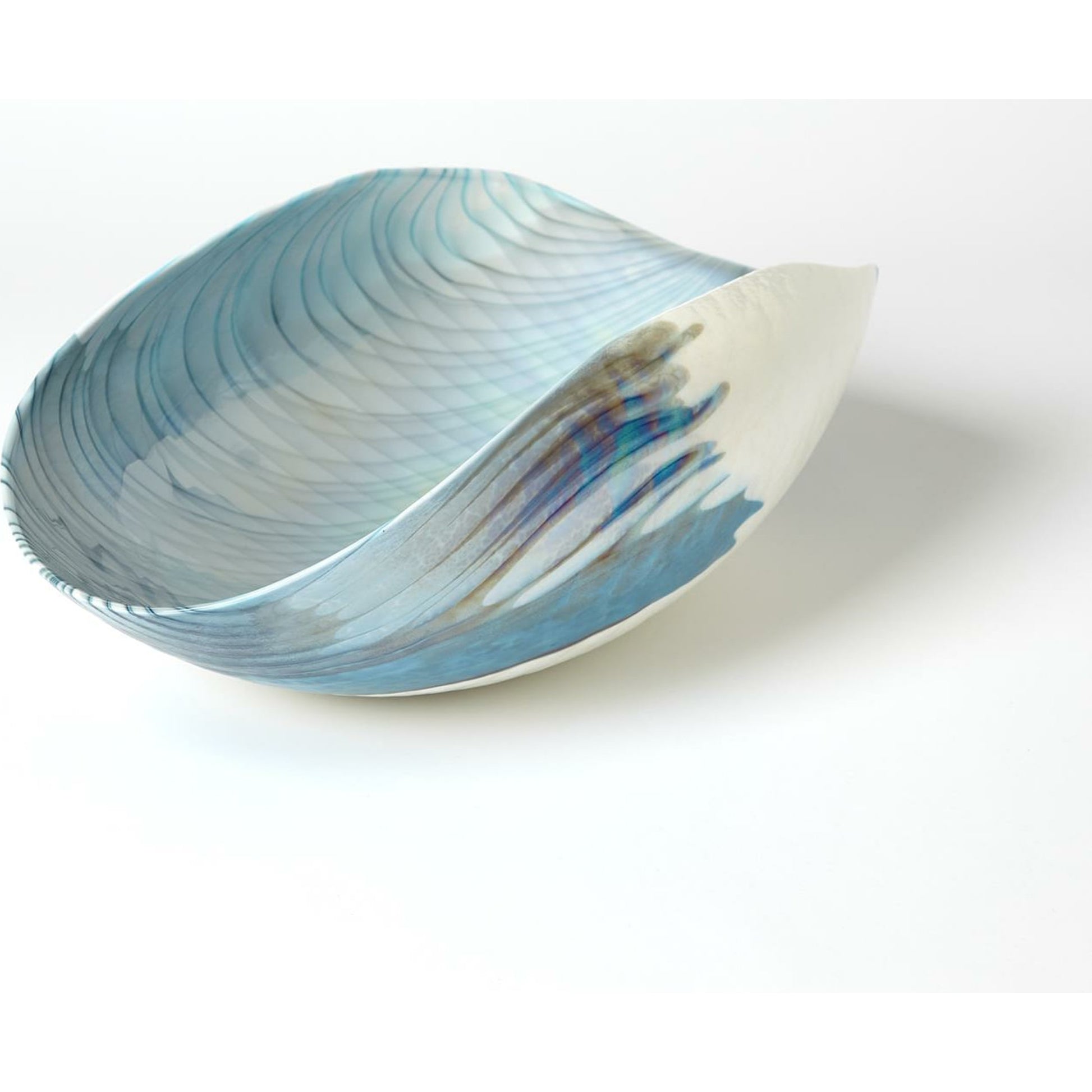Ivory Turquoise Feather Swirl Oval Bowl by Global Views. Made from art glass in a coastal style.