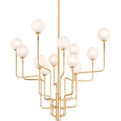 Onyx Chandelier by Corbett in vintage gold leaf. Made from steel in a modern style.