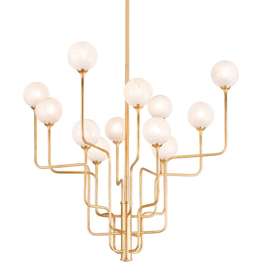 Onyx Chandelier by Corbett in vintage gold leaf. Made from steel in a modern style.