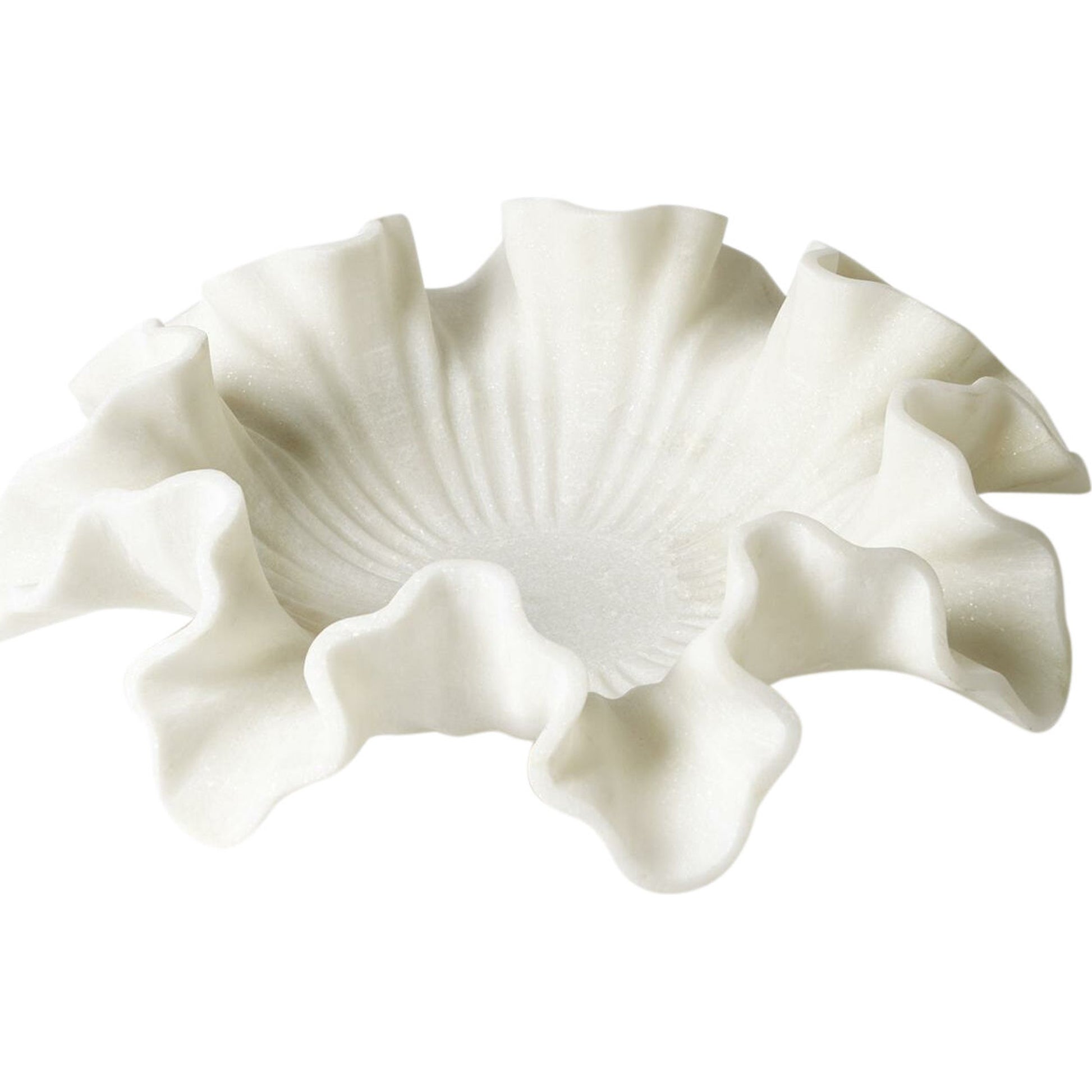Marble Ruffle Bowl by Global Views in white. Made from rajnagar marble in a coastal style.