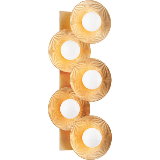 Emerald 5 Light Wall Sconce by Corbett in vintage gold leaf. Made from steel in a modern style.