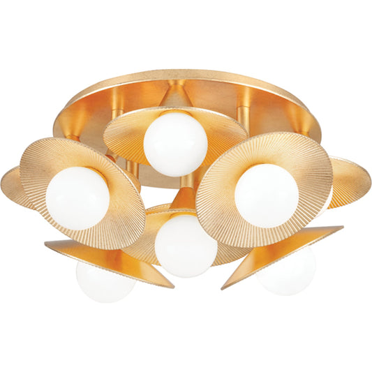 Emerald Semi Flush by Corbett in vintage gold leaf. Made from steel in a modern style.