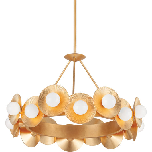 Emerald Chandelier by Corbett in vintage gold leaf. Made from steel in a modern style.