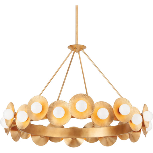 Emerald Chandelier by Corbett in vintage gold leaf. Made from steel in a modern style.