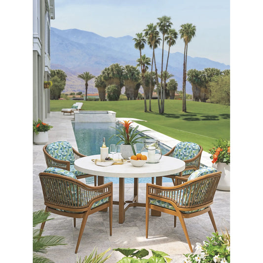 Palm Desert Poolside Round Dining Table by Tommy Bahama Outdoor in white agate. Made from wood, stone in a transitional style.