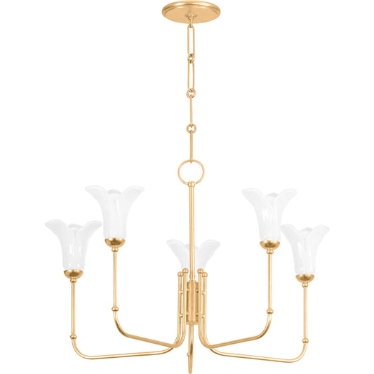 Montclair 5-Light Chandelier by Hudson Valley in vintage gold leaf. Made from iron in a unique style.