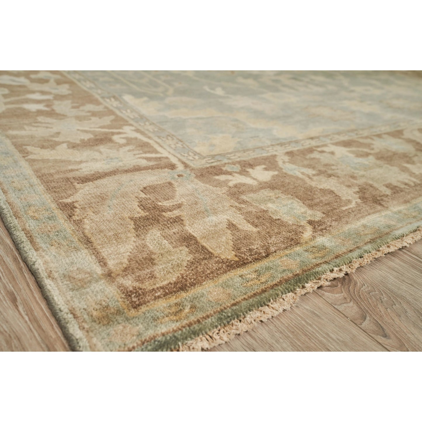 008 SI-2383882 | Closeup | Antique Weave Oushak 3346 Rug by Exquisite Rugs in blue, light brown. Made from new zealand wool in a unique style.