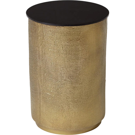 Hemp Etched Barrel Table by Global Views in antique brass. Made from aluminum, granite in a unique style.