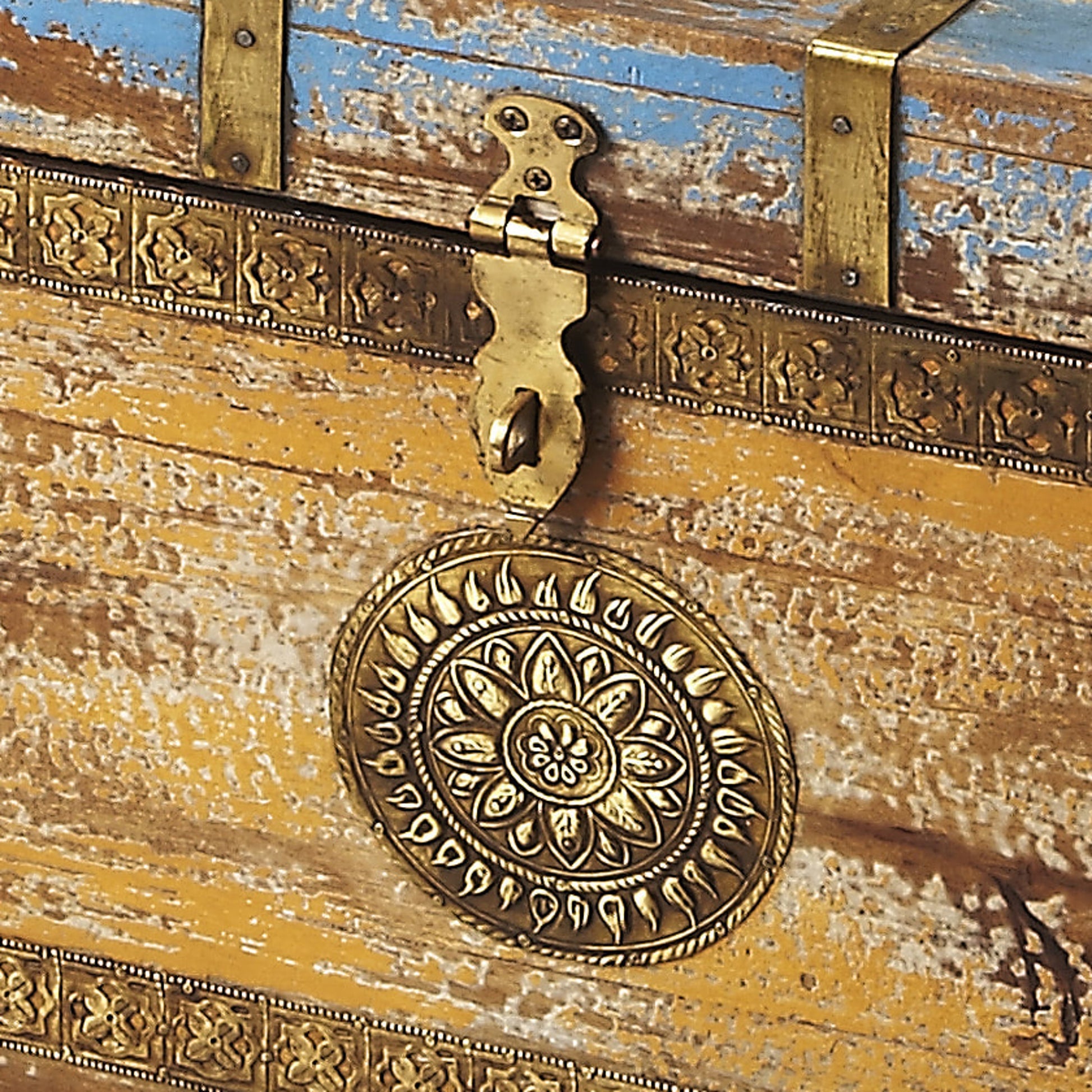 Nador Painted Brass Inlay Storage Trunk by Butler Specialty Company in assorted and artifacts. Made from wood, brass fitting in a modern style.