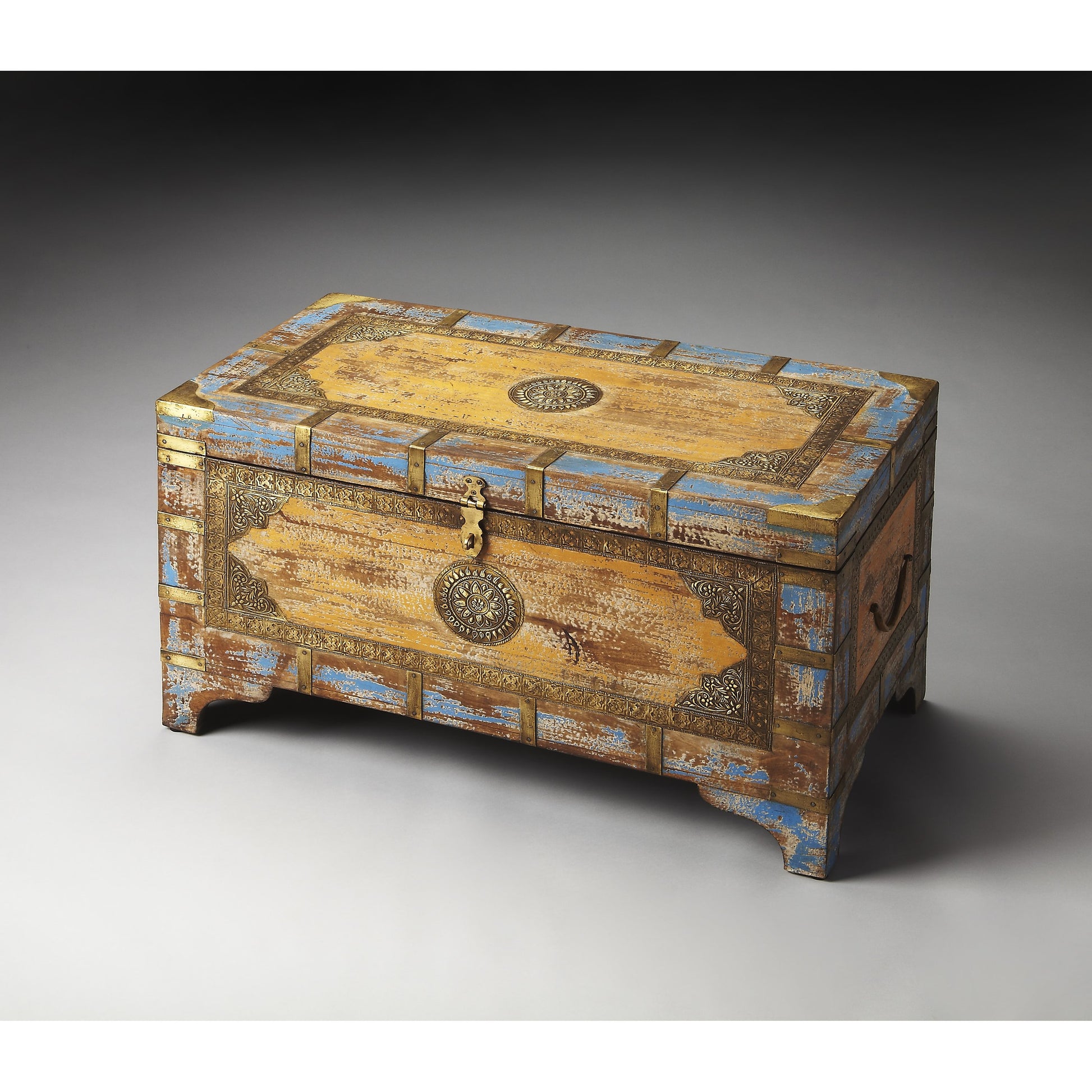 Nador Painted Brass Inlay Storage Trunk by Butler Specialty Company in assorted and artifacts. Made from wood, brass fitting in a modern style.
