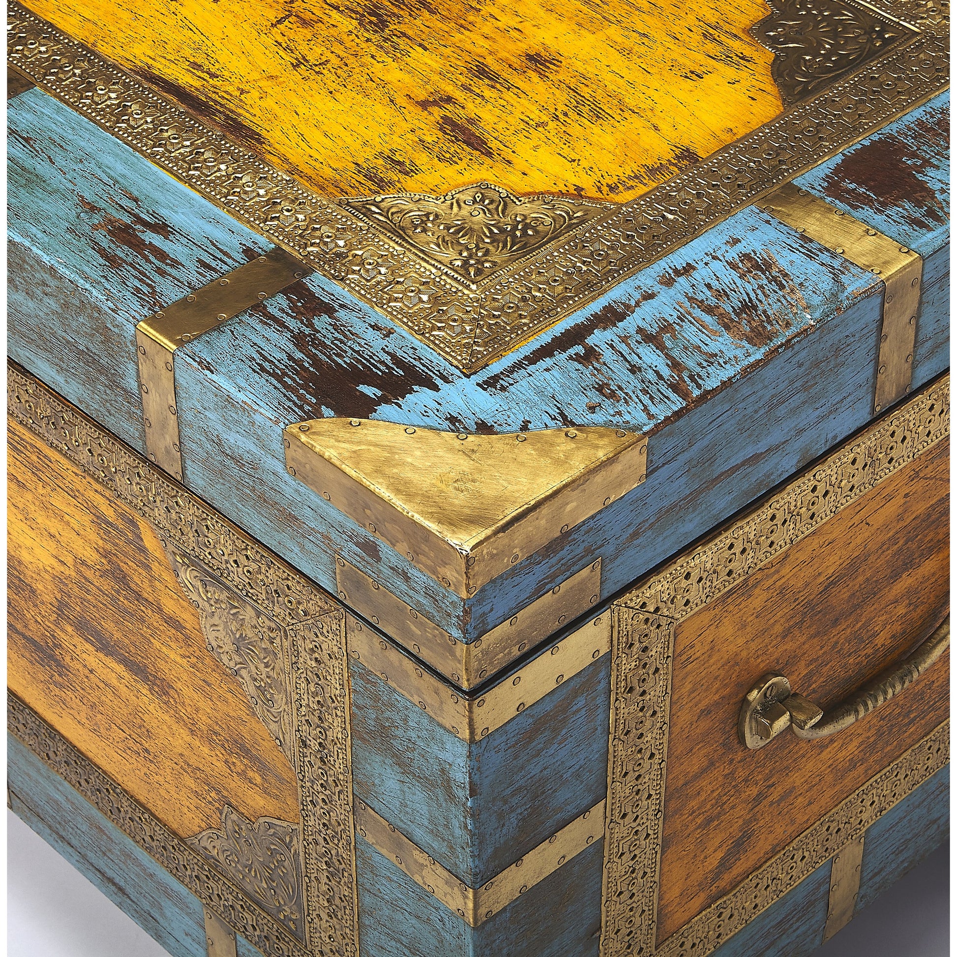 Nador Painted Brass Inlay Storage Trunk by Butler Specialty Company in assorted and artifacts. Made from wood, brass fitting in a modern style.