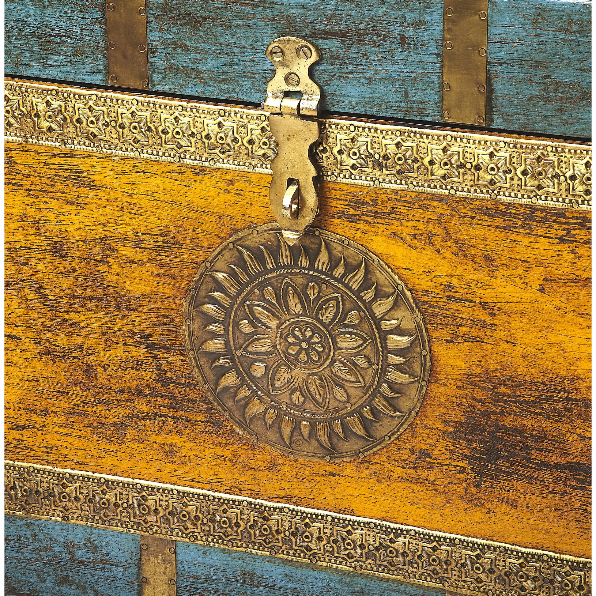 Nador Painted Brass Inlay Storage Trunk by Butler Specialty Company in assorted and artifacts. Made from wood, brass fitting in a modern style.