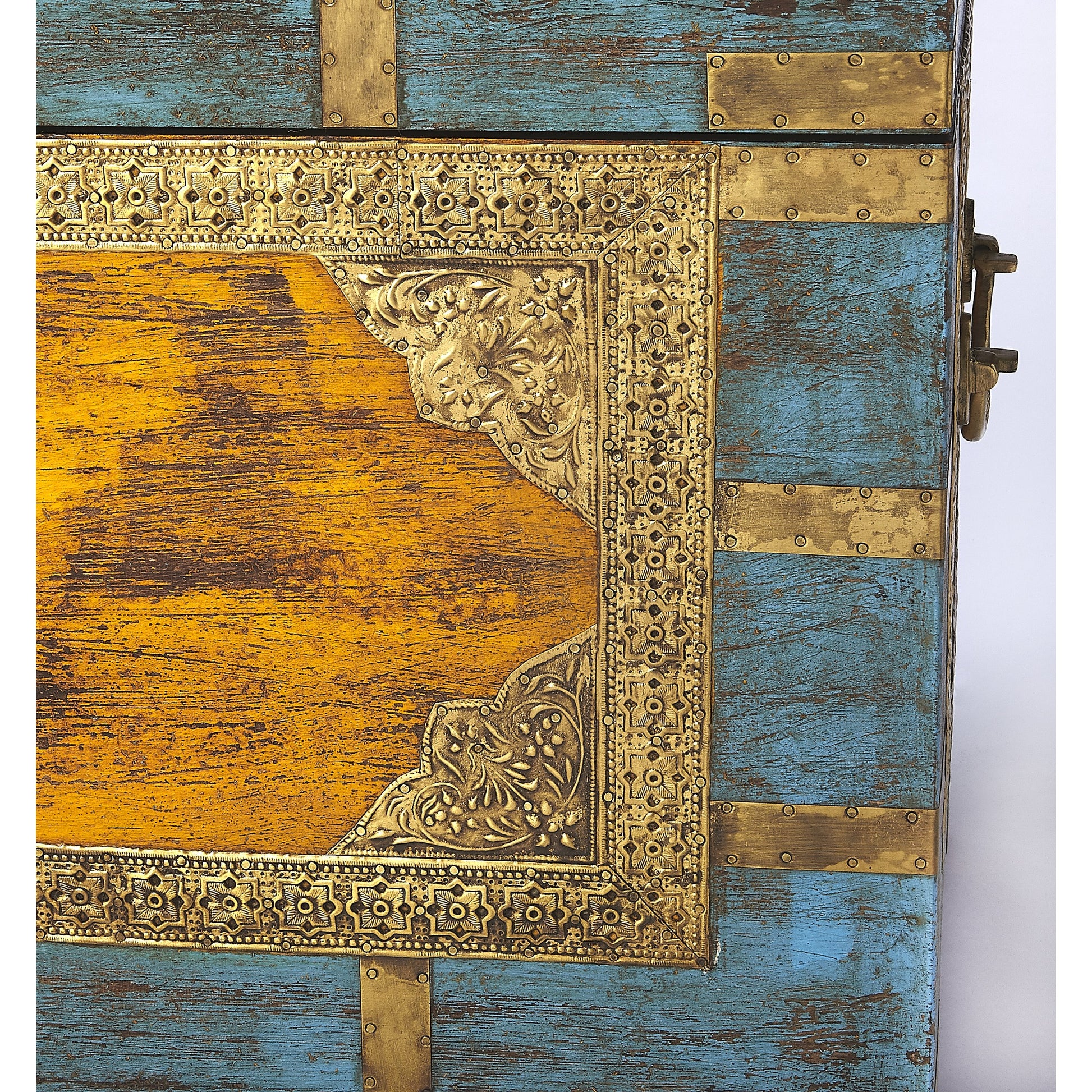 Nador Painted Brass Inlay Storage Trunk by Butler Specialty Company in assorted and artifacts. Made from wood, brass fitting in a modern style.