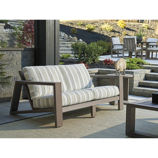 Mozambique Outdoor Striped Love Seat by Tommy Bahama Outdoor in taupe gray. Made from unique in a transitional style.