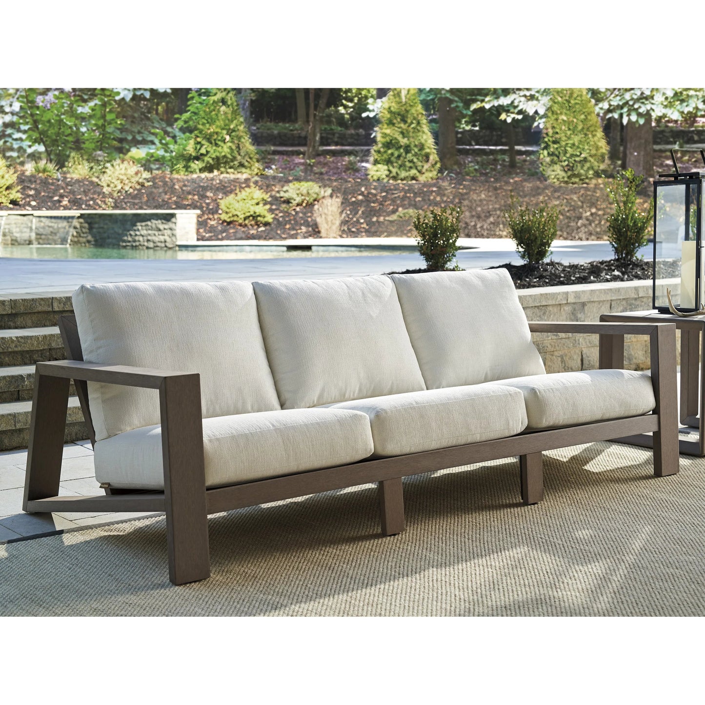 003 SI-2242642 | Closeup | Mozambique Sofa by Tommy Bahama Outdoor in taupe gray. Made from unique in a transitional style.