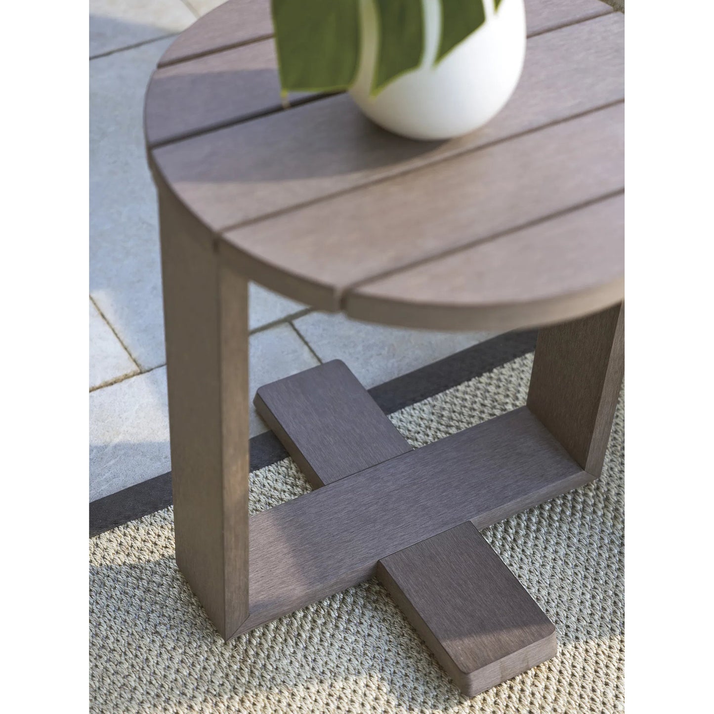 004 SI-2242649 | Closeup | Mozambique Round Side Table by Tommy Bahama Outdoor in taupe gray. Made from unique in a transitional style.