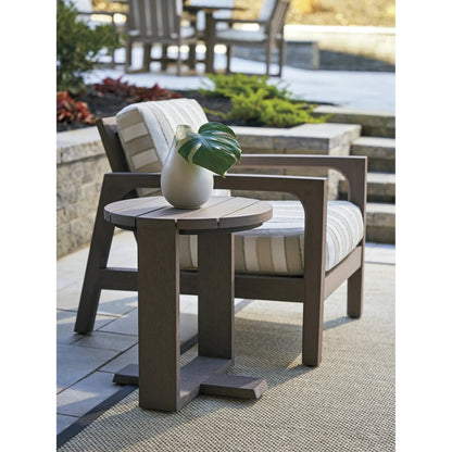 Mozambique Round Side Table by Tommy Bahama Outdoor in taupe gray. Made from unique in a transitional style.
