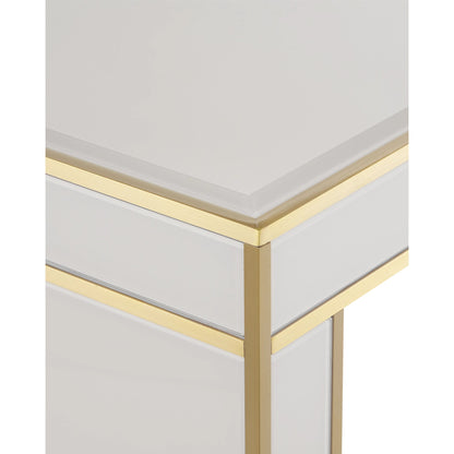 Arden Console Table by Currey and Company in ivory, satin brass. Made from reverse painted glass, brass, solid hardwood in a modern style.